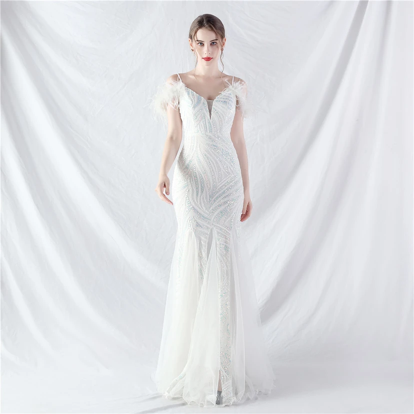 Crafted Ostrich Feather Stacked Sequins Splicing Mesh Gauze High-End Evening Dress Clothes view 61