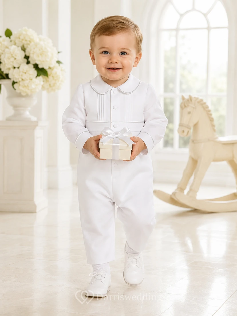 White Peter Collar Long Sleeve Pintuck Baptism One Piece for Baby Boy