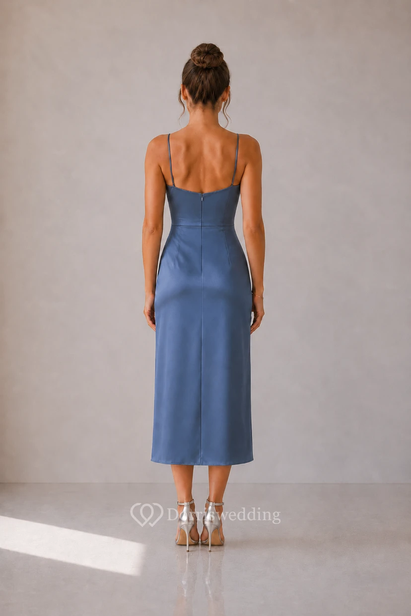 Vestido midi asimétrico de satén azul acero con cuello drapeado view 2