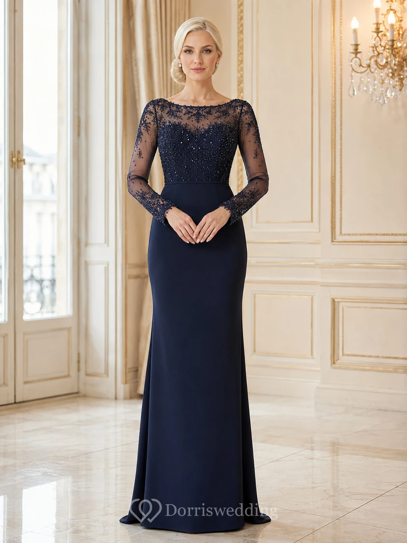 Vestido de novia largo de manga larga con encaje floral y escote barco en azul marino oscuro, estilo sirena, para madres.