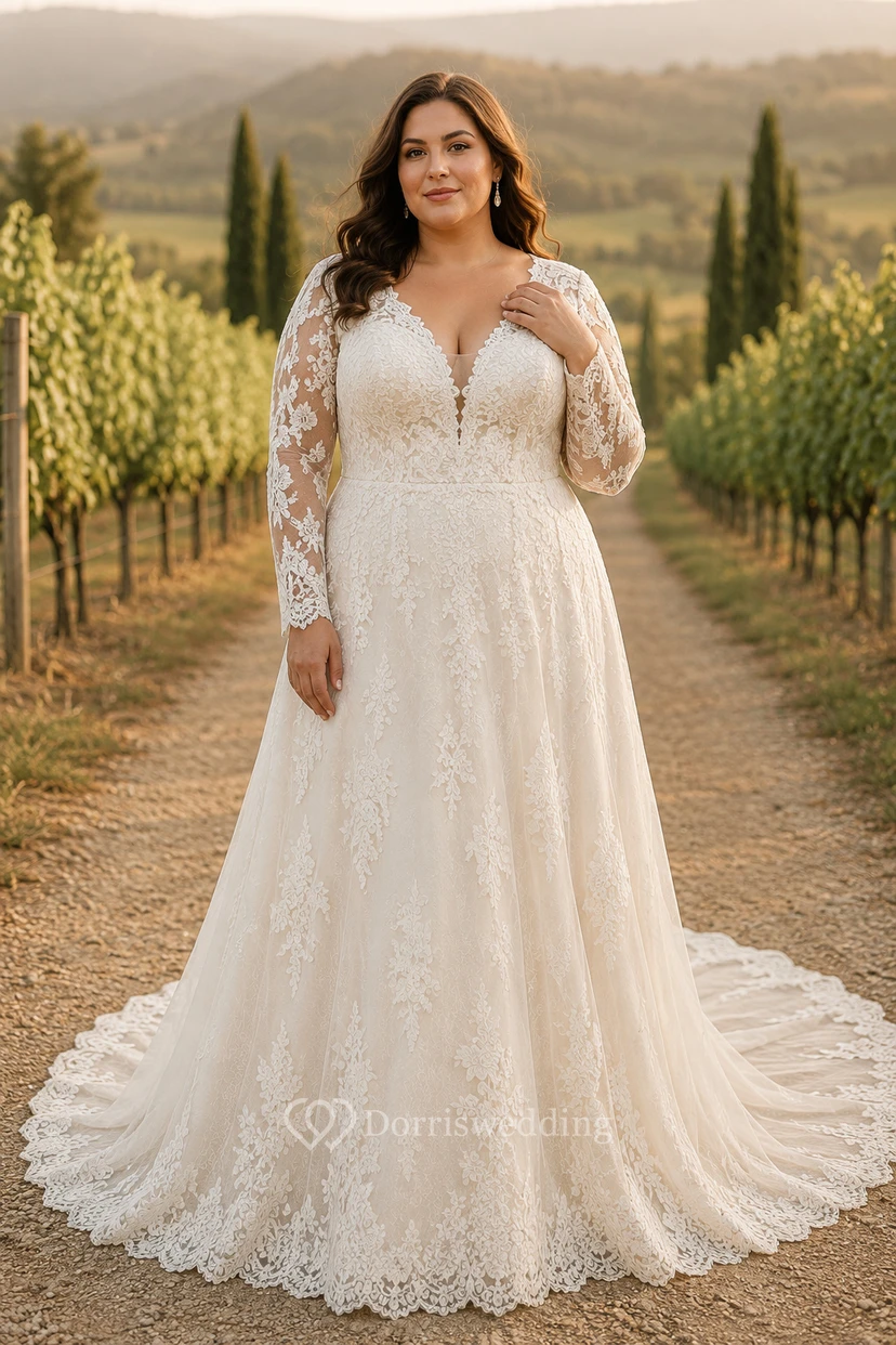 Plus Size Ivory Long Sleeve Lace A-Line Wedding Dress Train