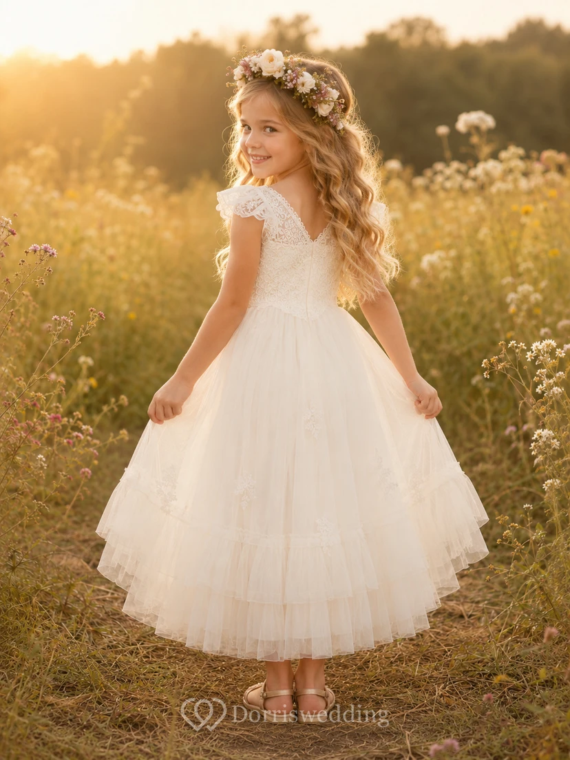Flower Girl Dress Ivory Lace Tulle A-Line Short Sleeve Scoop Neck Tea Length view 2