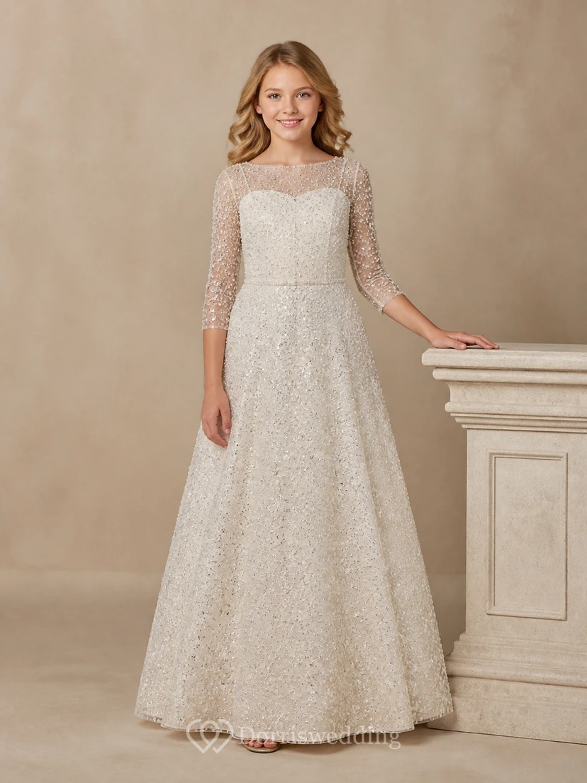Vestido de dama de honor juvenil modesto, largo hasta el suelo, corte A, escote redondo, lentejuelas, manga tres cuartos