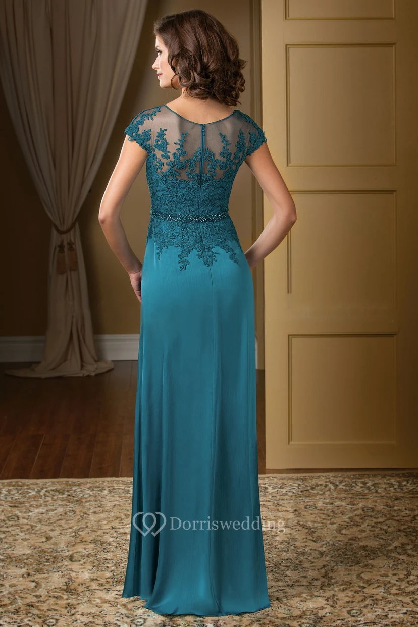 Cap-Sleeved V-Neck Long Gown With Ruffles And Crystals view 2