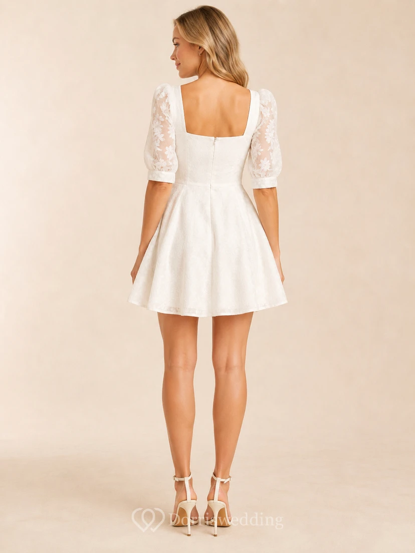 Studio Bloom White A-Line Mini Square Half-Sleeve Lace Romantic Homecoming Dress view 2