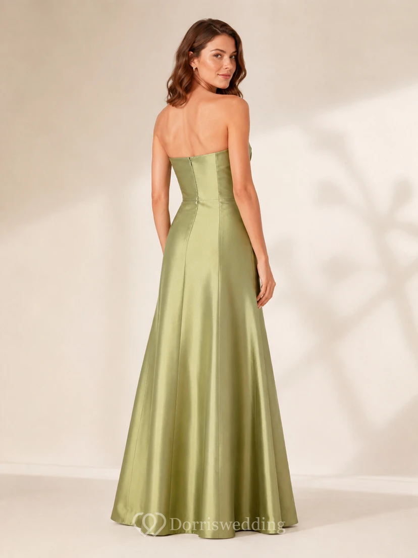 Sage strapless satin floor length A-line bridesmaid dress view 2