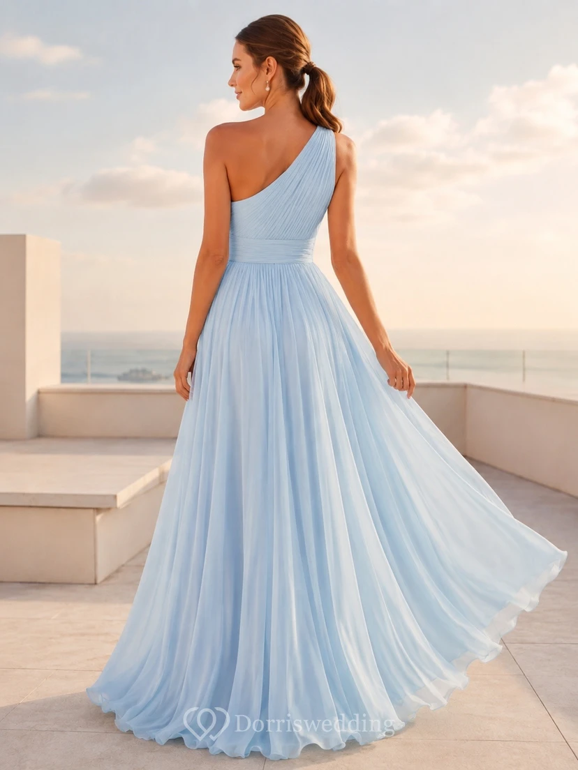Baby Blue One-Shoulder Chiffon Flowing Prom Evening Dress view 2