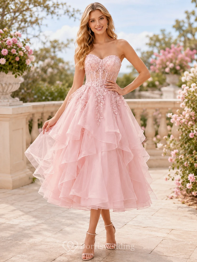 Robe de soirée rose poudré luxueuse, longueur thé, bustier cœur, en organza superposé, robe de bal Sweet Sixteen
