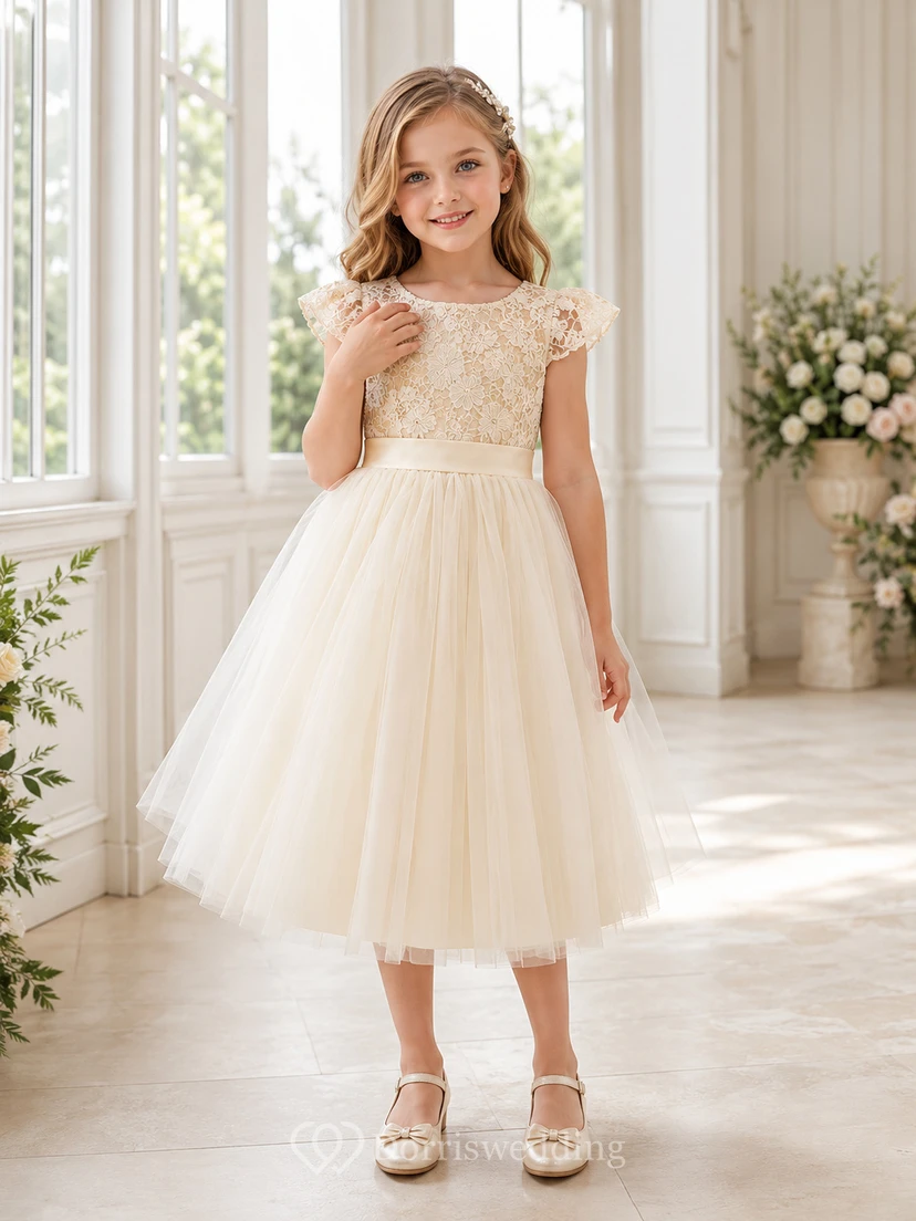 Flower Girl Dress Champagne Lace Tulle A-Line Short Sleeve Jewel Neck Tea Length