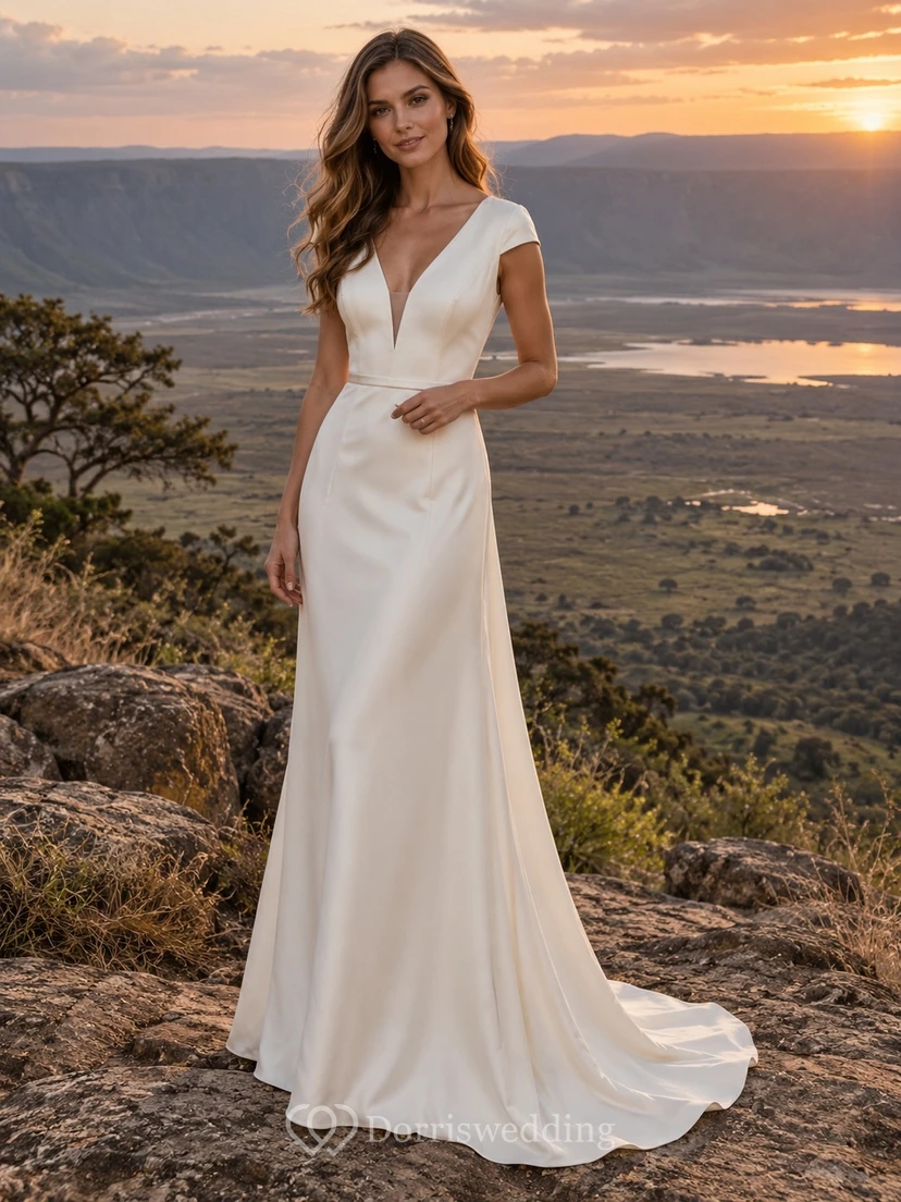 Vestido de novia sencillo de satén con escote en V, mangas cortas y espalda descubierta.