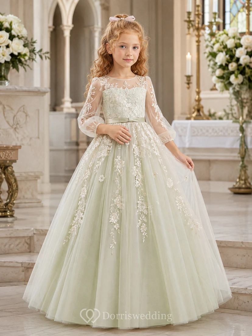 A-Line Flowergirl Lace Tulle Floor-Length Long Sleeve Sage Church Wedding Dress with Floral Appliques