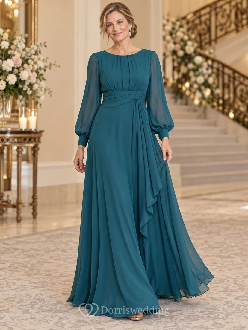 Vestido de gasa color verde azulado para la madre de la novia, corte imperio, largo hasta el suelo, escote barco, manga larga y volantes en cascada.