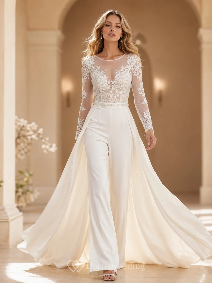 Brautjumpsuit mit langen Ärmeln aus Illusionsspitze und abnehmbarer Tüllschleppe