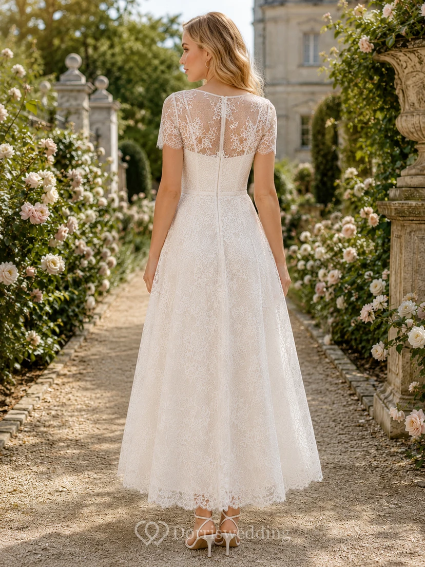Lace cap sleeve A-line tea length bridal garden dress view 2