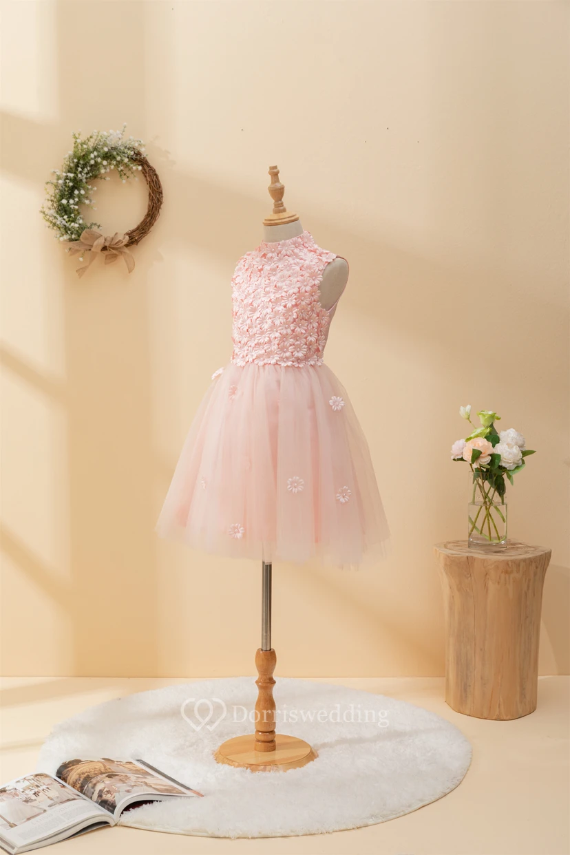 Adorable Jewel Sleeveless Tulle A-line Flowergirl Dress with Petal Top view 5