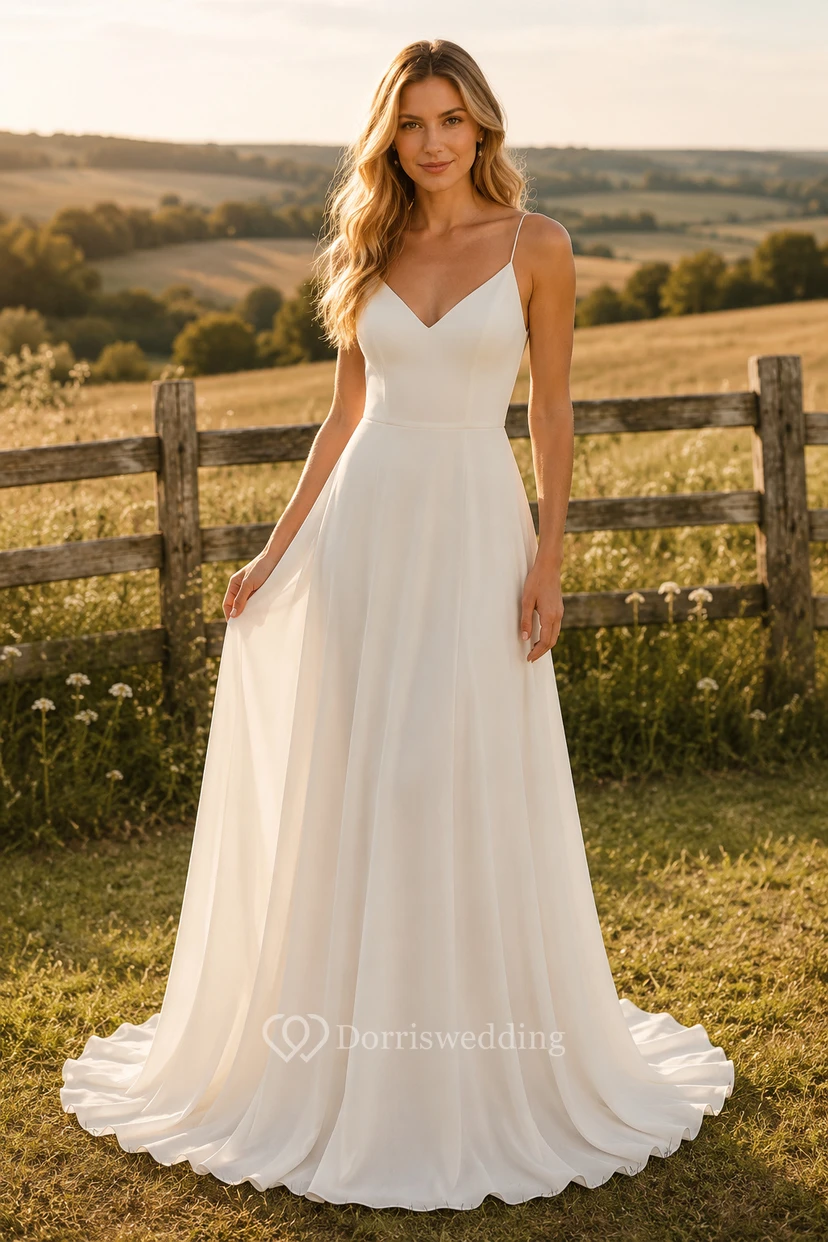 Vestido de novia sencillo de corte A con tirantes finos