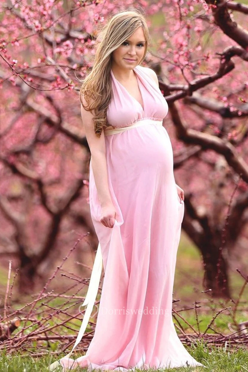 Chiffon A-line Sleeveless Plunging Neckline V-neck Dress
