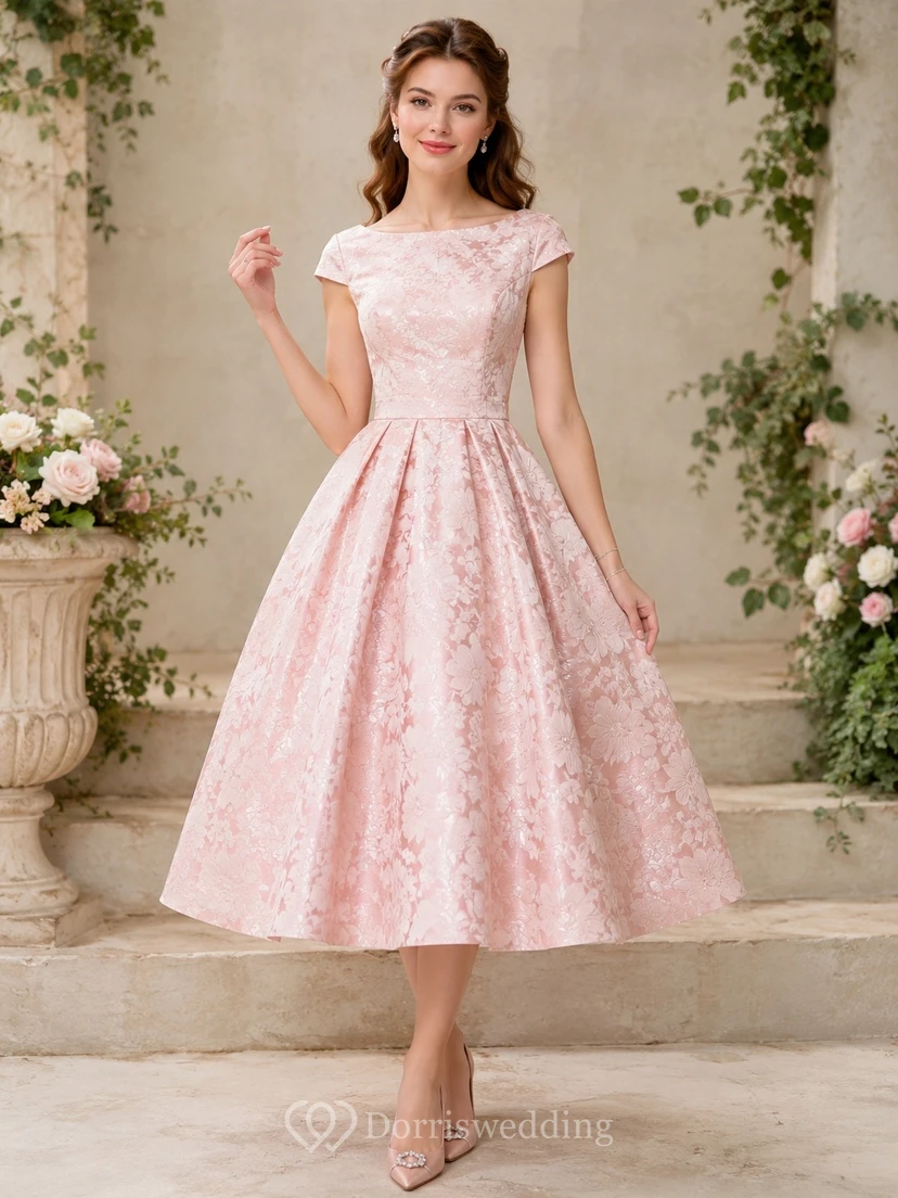 Pink Textured Short-Sleeve Square-Neck A-Line Tea-Length Vintage Dress