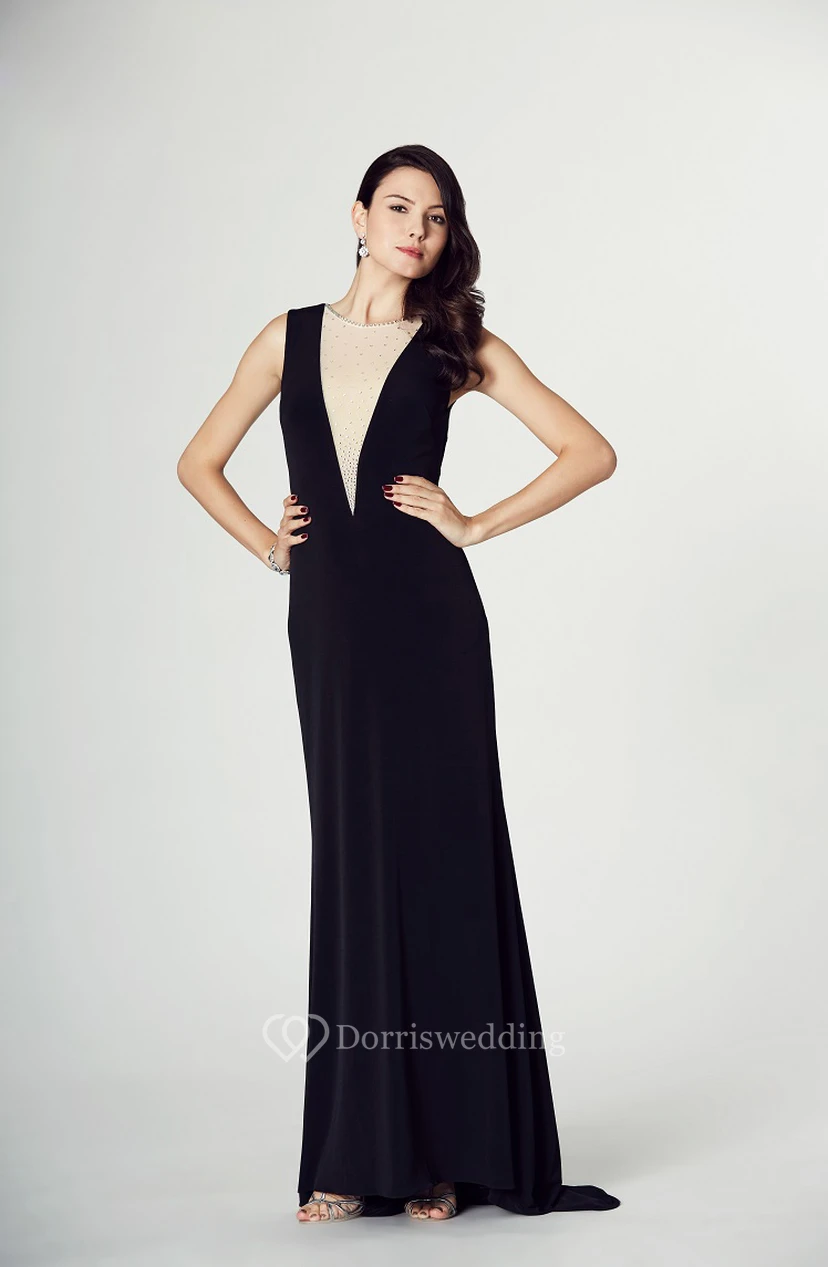 Sleeveless Beaded Jewel Neck Jersey Prom Dress With Brush Train view 4