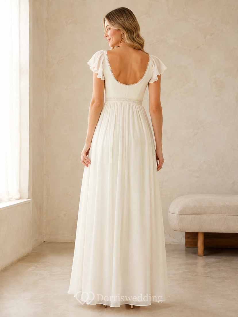 Vestido de dama de honor formal romántico de gasa plisada con escote en V y mangas con volantes, corte imperio y largo hasta el suelo. view 2