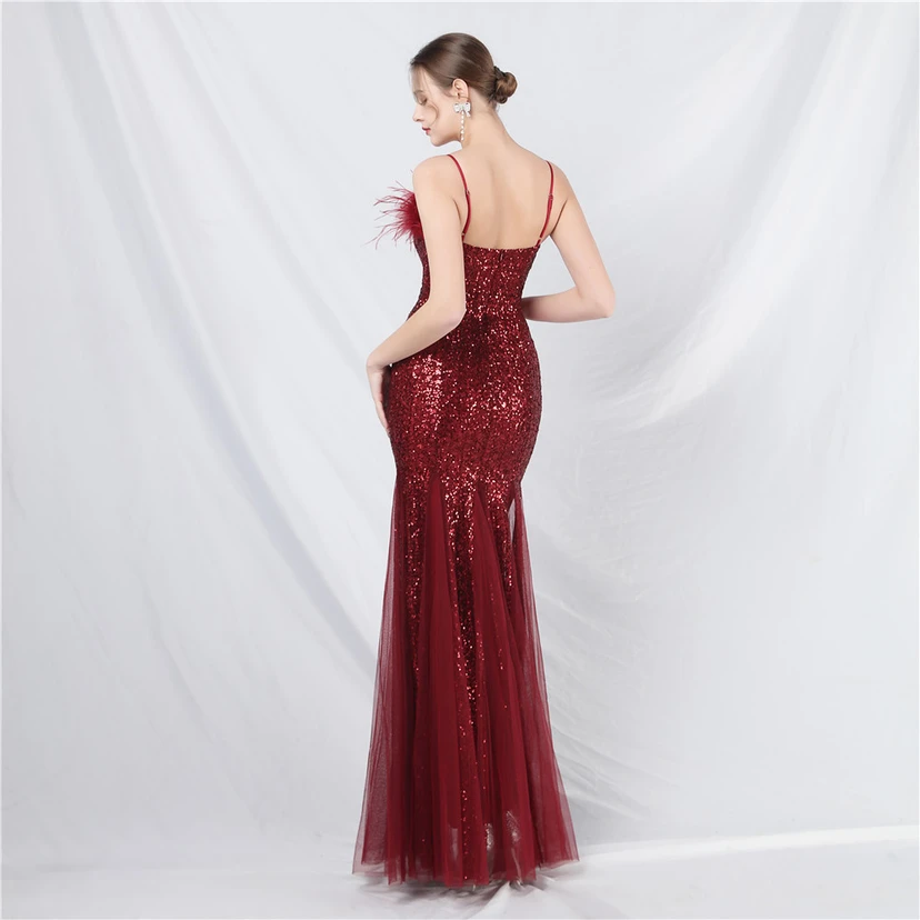 Craft Ostrich Feather Mesh Sequined Long Evening Dress view 24