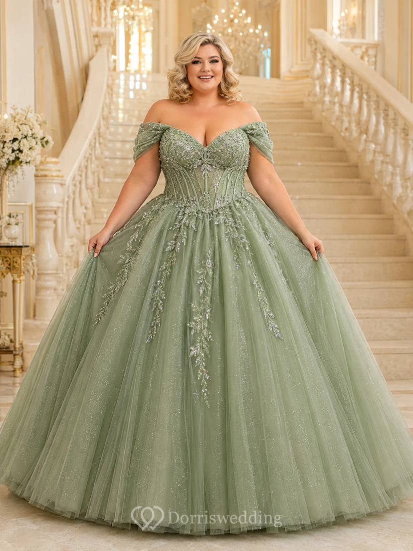 Vestido de fiesta formal de princesa con corsé de encaje y hombros descubiertos, talla grande, color salvia.