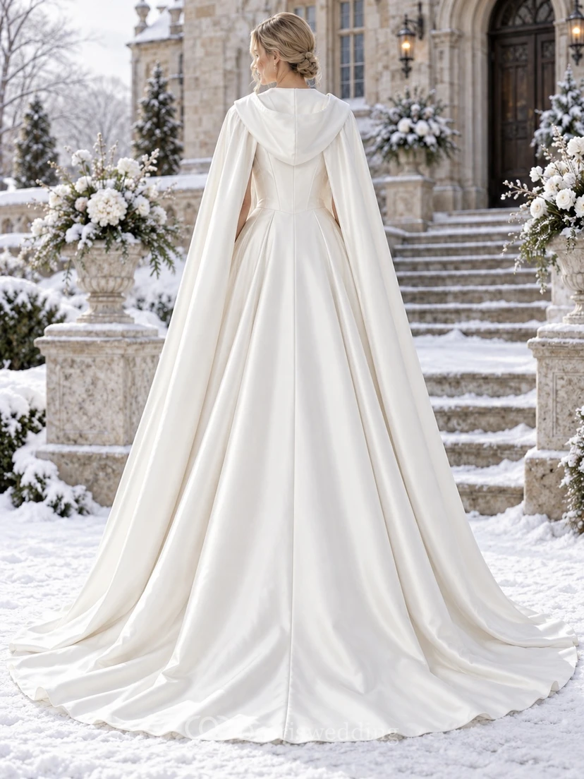 Vestido de novia sencillo de invierno con capucha y capa, sin tirantes, de satén y corte en A. view 2