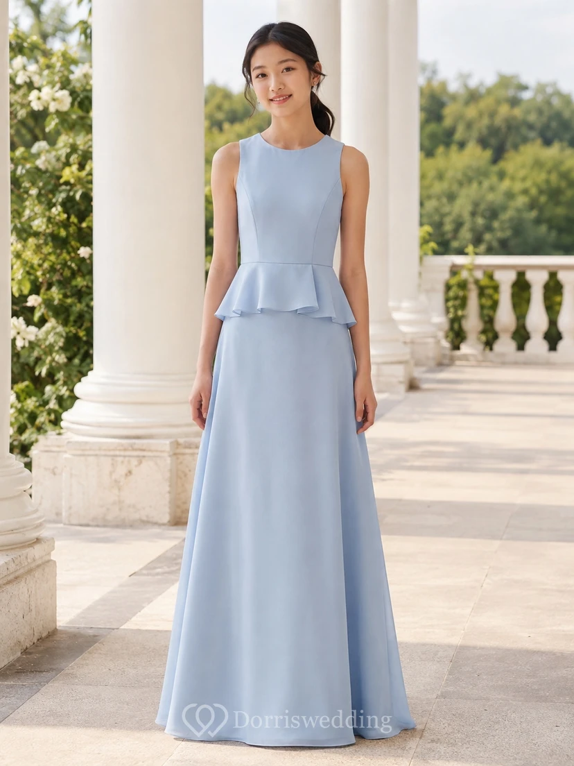 Himmelblaues Brautjungfernkleid im A-Linien-Stil mit Strasssteinen, ärmellos, plissiert, modern
