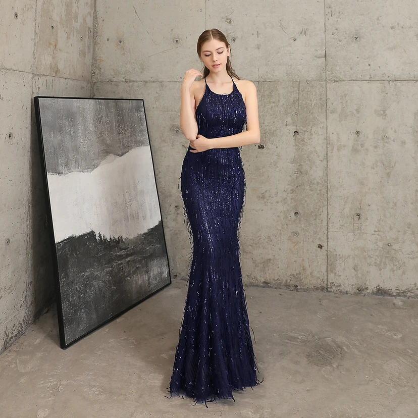 Vestido de noche elegante con borla de hilo de seda de poliéster y lentejuelas estilo cola de pez para banquetes, reuniones y eventos. Ideal para anfitriones. Modelo de coche. Otoño. view 46