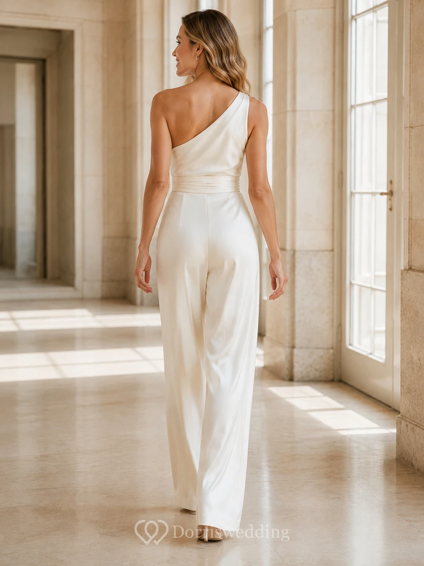 Elegant Second Look Satin One Shoulder Draped Wide Leg Wedding Jumpsuit view 2