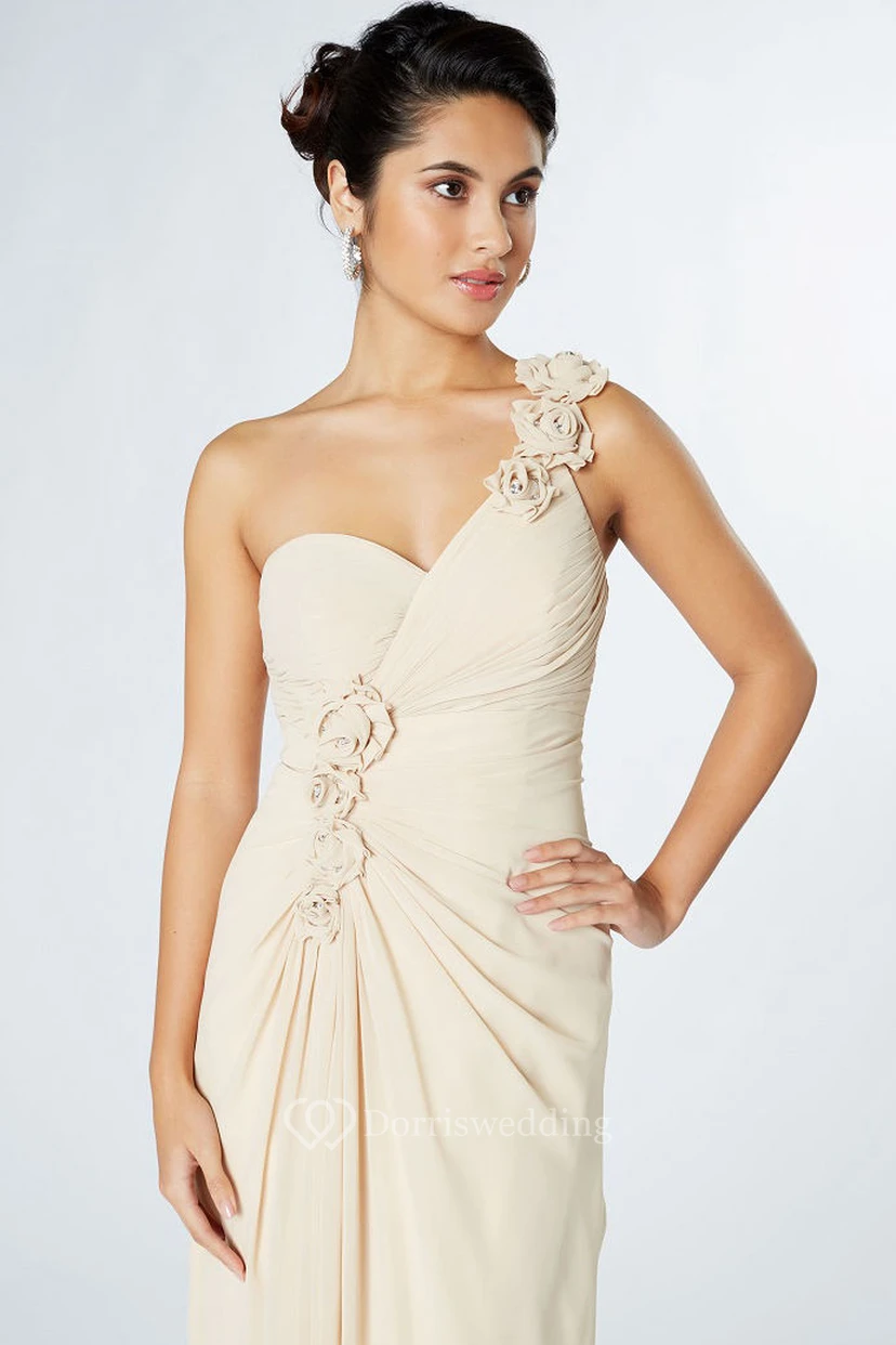 Sheath Sleeveless One-Shoulder Floral Chiffon Bridesmaid Dress view 4
