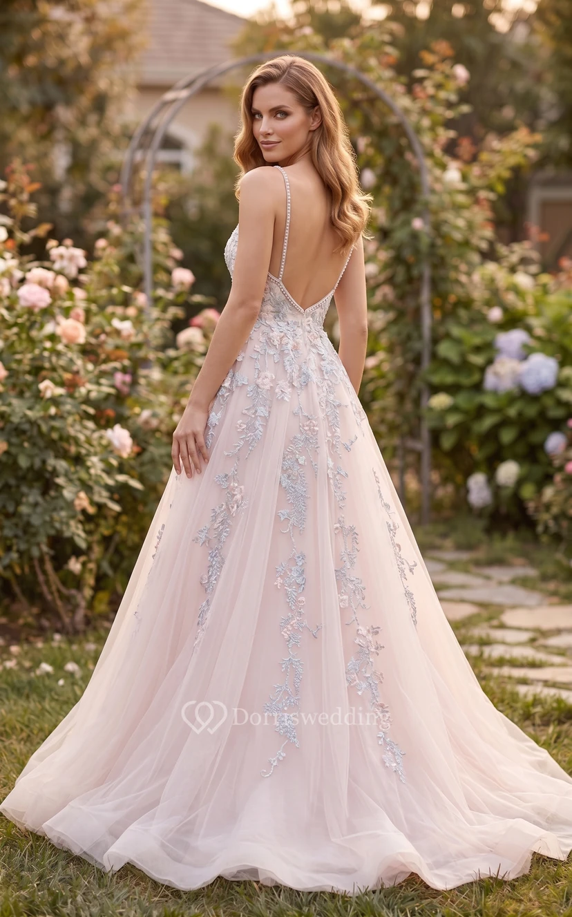 Simple A Line Tulle Floor-length Sleeveless Zipper Evening Dress with Appliques view 2