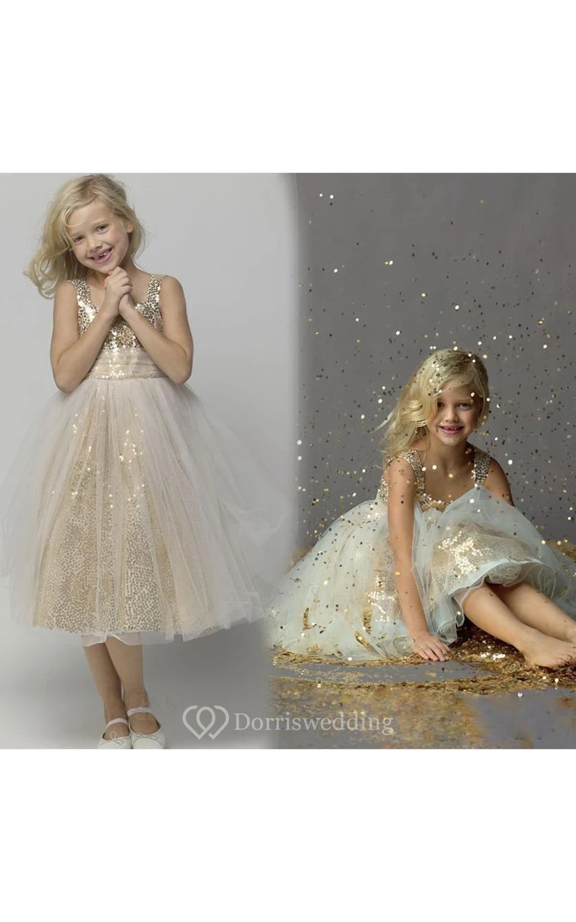 Glamorous Sequined Tulle A-line Flower Girl Dress Straps Sleeveless view 3