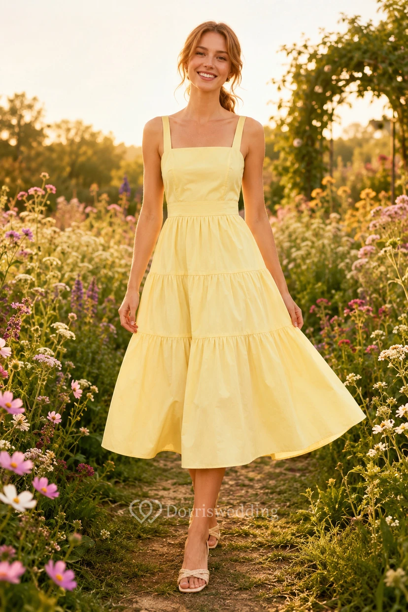Vestido de invitada de boda color narciso, gasa, corte en A, escote cuadrado, sin mangas, largo midi.