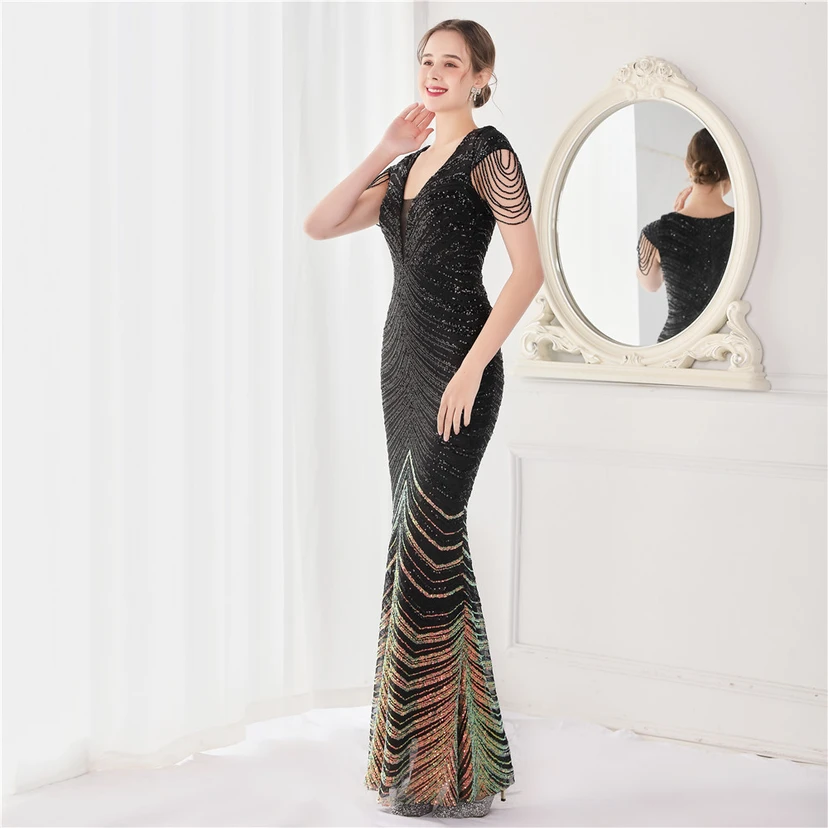 Paillettenbesetztes, handwerklich perfekt gefertigtes, perlenbesetztes Party-Abendkleid – sexy langes Kleid für die Braut view 60