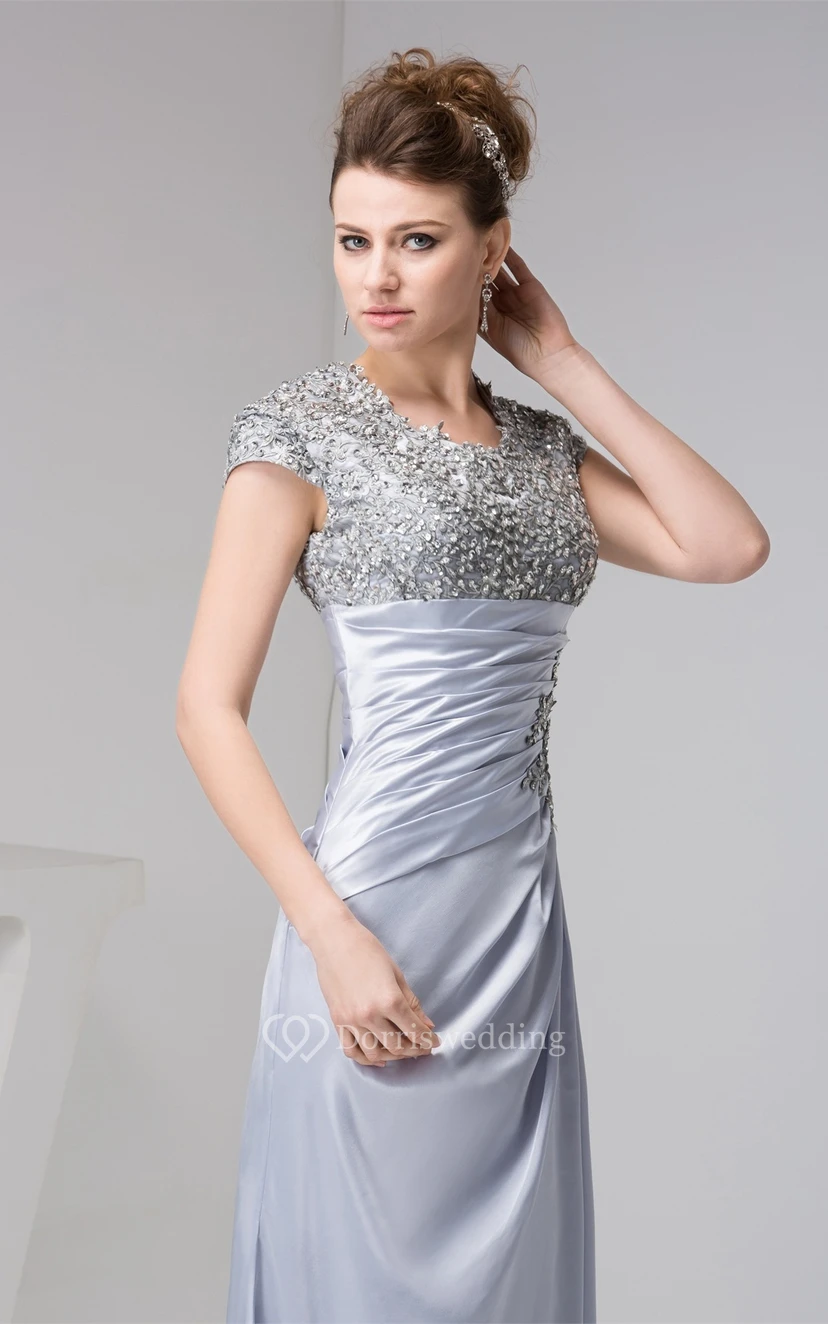Caped-Sleeve Sheath Ruched Appliques and Dress With Jewels view 6
