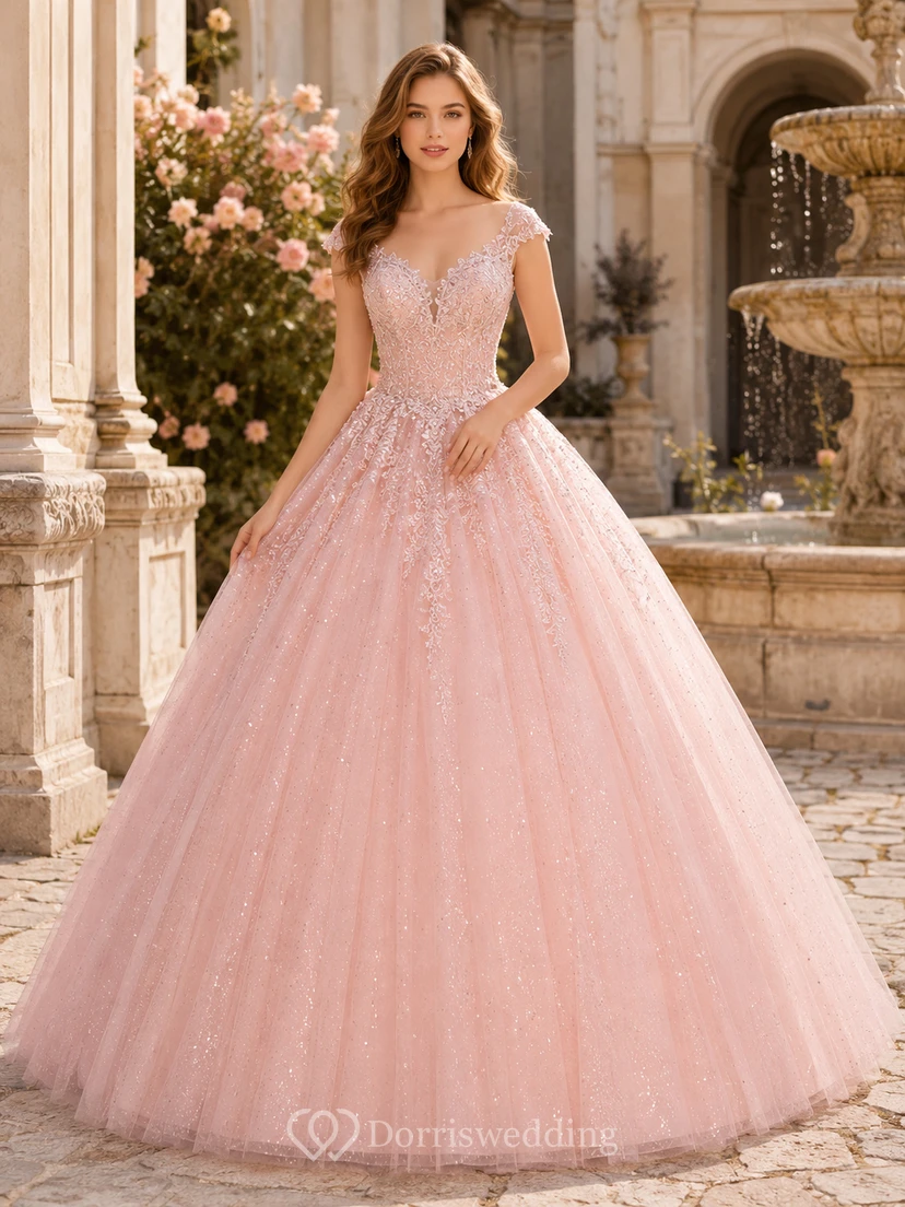 Blushing Pink Luxury Cap Sleeve V Neck Applique Glitter Tulle Quinceanera Ball Gown
