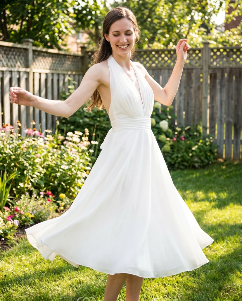 Marilyn Monroe White Halter Dress | Tea Length Costume | 1950s Vintage Wedding Gown view 13
