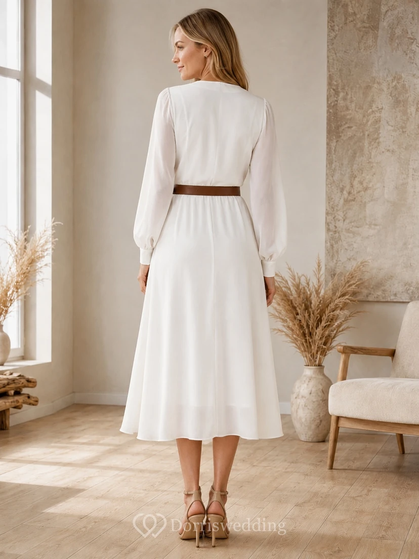 White V-Neck Long Sleeve Chiffon Wrap High-Low Tea-Length Brown Belt Dress view 2