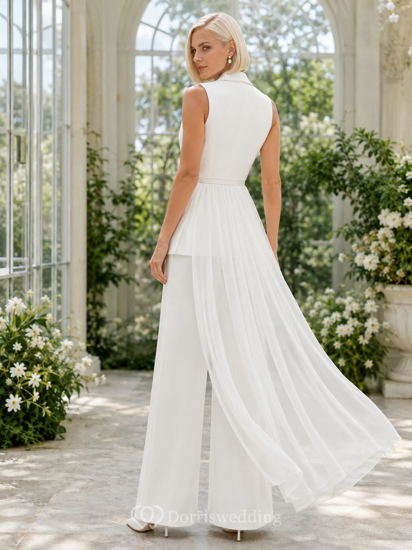 Contemporary Sleeveless Bridal Pantsuit Wide Leg Long Vest Chiffon Cape Train view 2