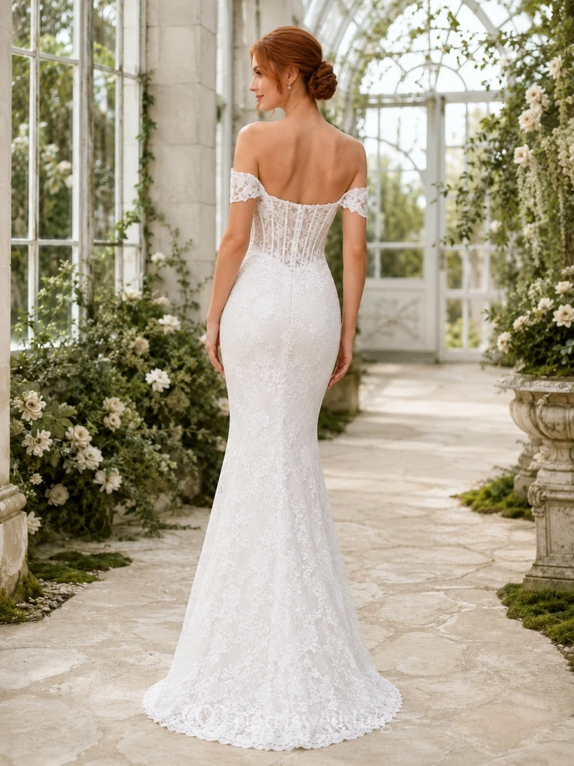 Romantisches Brautkleid mit Spitzenkorsett, schulterfreiem Herzausschnitt, Meerjungfrauen-Stil und bodenlang view 2