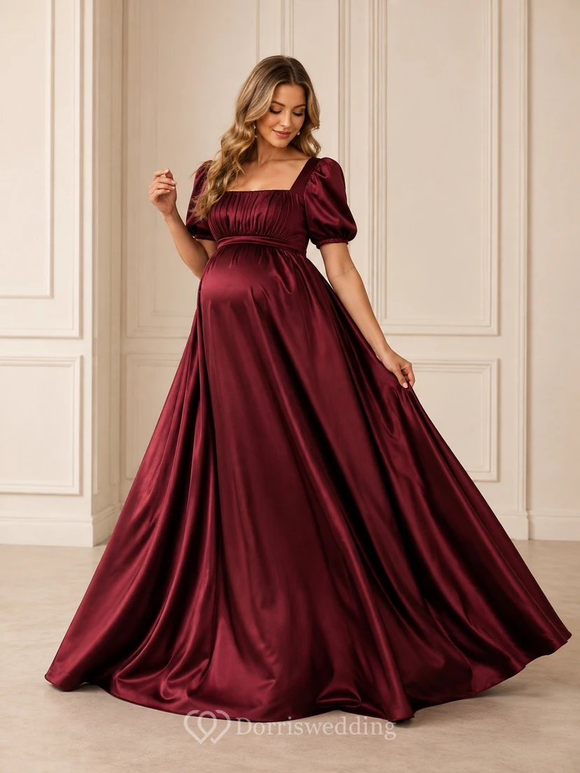Burgundy Maternity Square Neck Short Sleeve Satin Ball Gown Floor-length Vintage Formal Dress