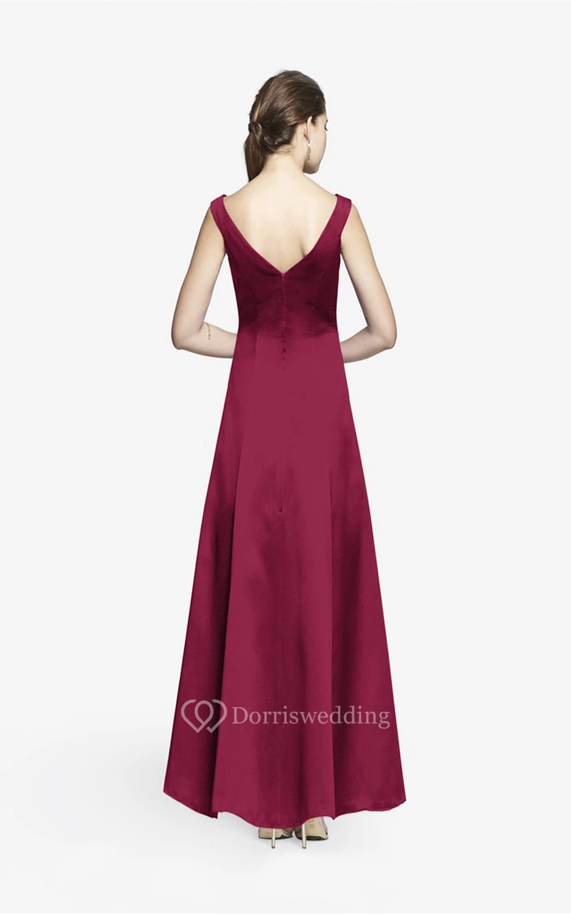 Simple V-neckline Floor-length Satin Dress With Cap Sleeves view 7