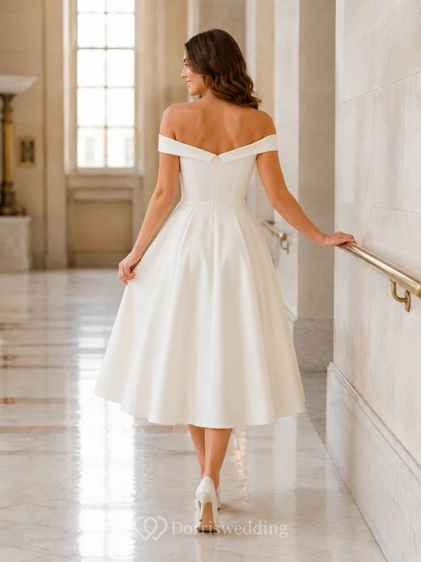 Standesamtliches Satin-Brautkleid mit schulterfreiem Ausschnitt, A-Linie und Teelänge, schlicht und modern view 2