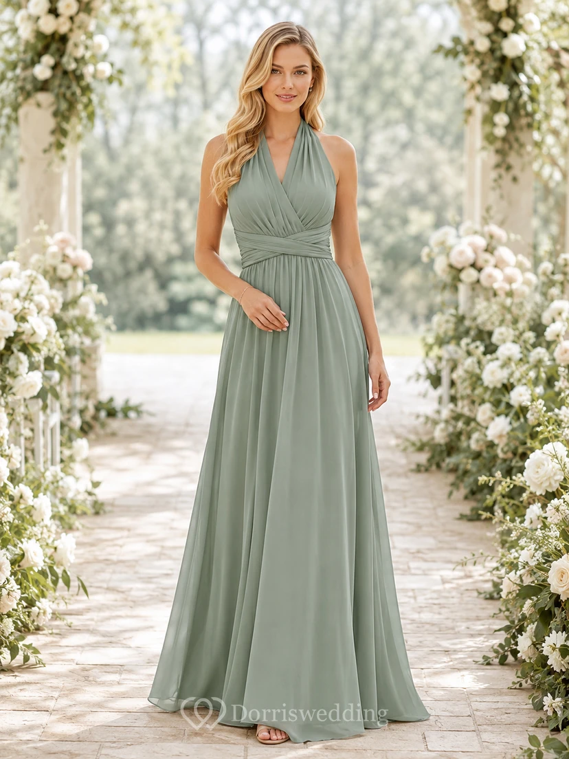Robe de demoiselle d'honneur vert sauge convertible dos nu en mousseline longue jusqu'au sol