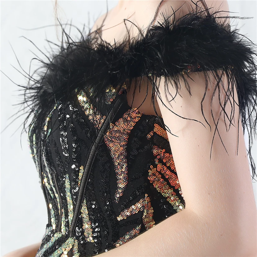 Robe de soirée haut de gamme à sequins, ornée d'un gilet à taille en arêtes de poisson et de plumes d'autruche. view 58