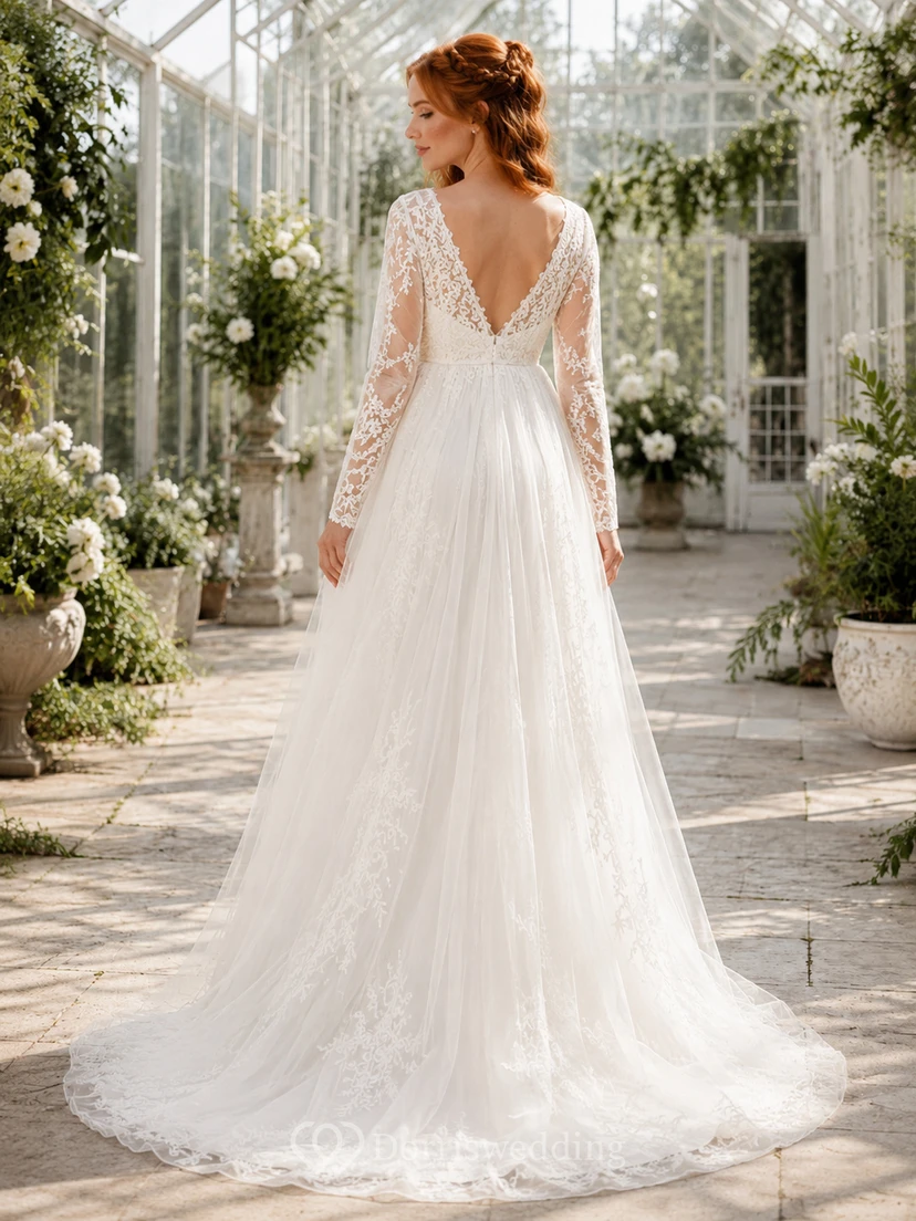 Bohemian Maternity Lace Wedding A Line V Neck Long Sleeves Sweep Train view 2