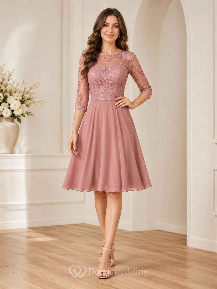 Schlichtes, staubrosafarbenes, dreiviertelärmeliges Spitzenkleid für den Abschlussball, Gartenkleider für Damen
