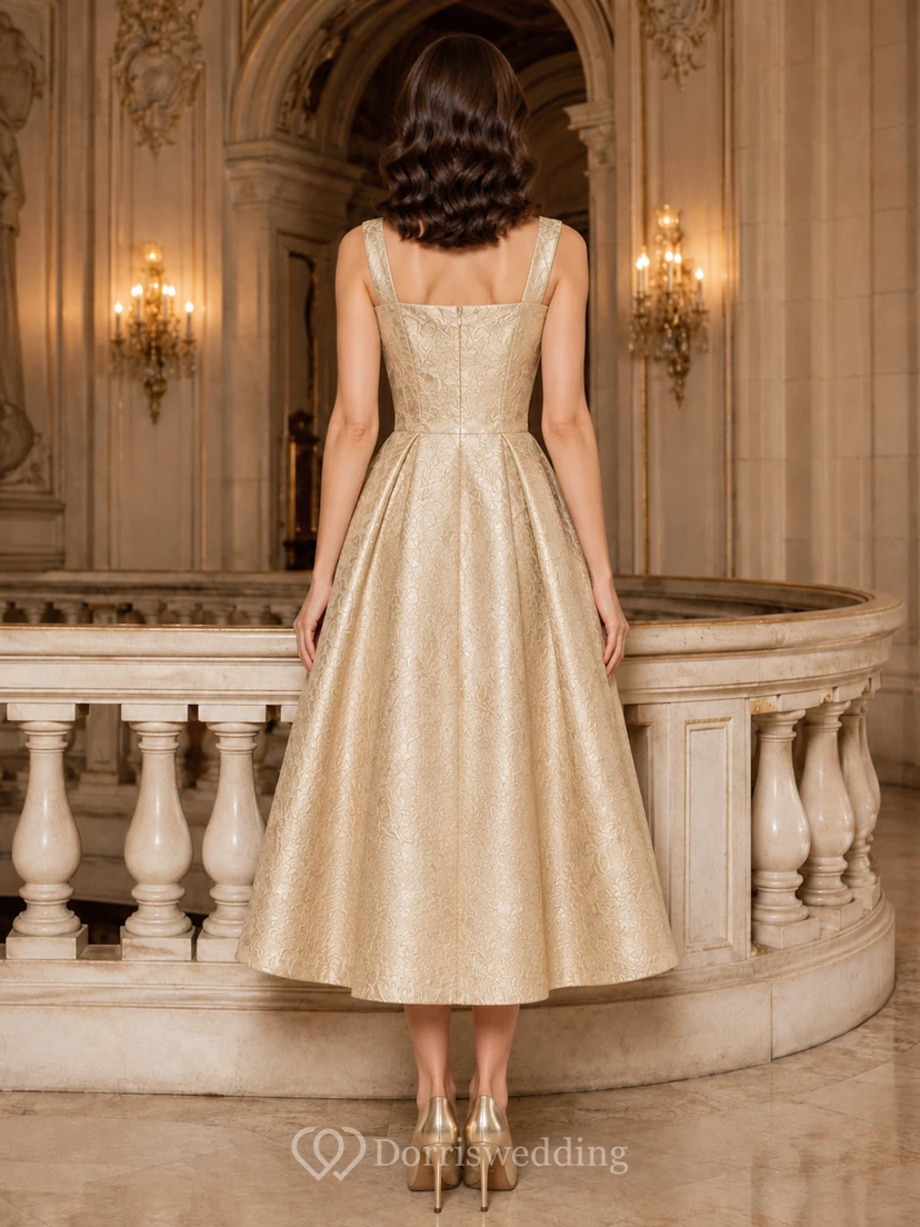 Champagne Formal Theater Wedding Guest Bridesmaid Cocktail Formal Dress A-Line Tea-Length Square Neck Strappy Sleeveless Satin Jacquard Strappy Back view 2
