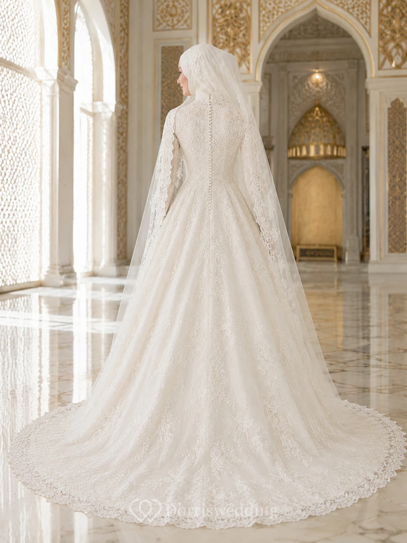 Vestido de novia musulmán modesto de encaje con mangas largas para mezquita o capilla. view 2